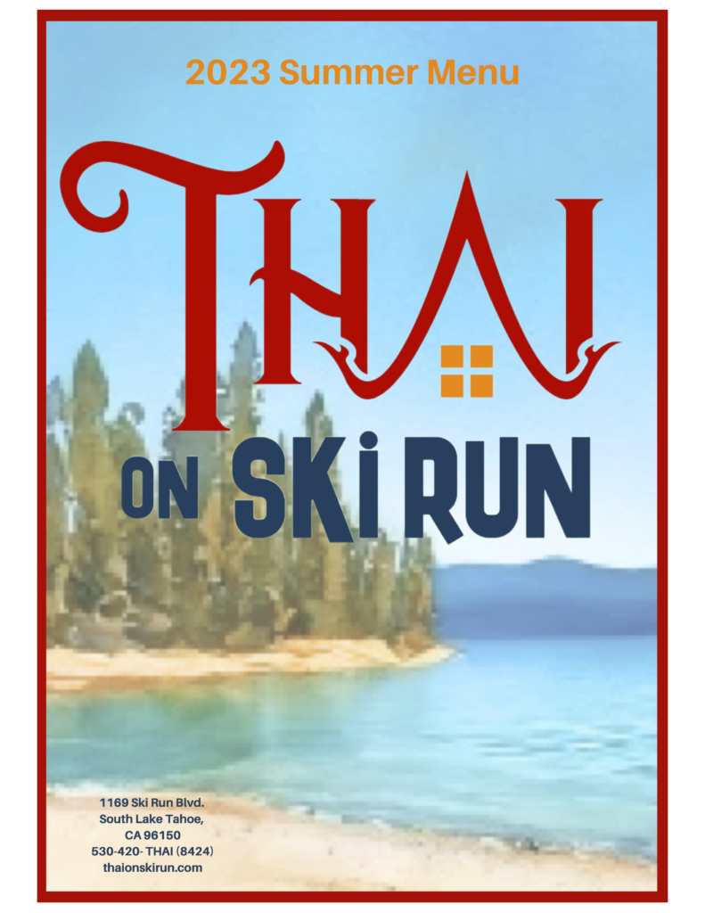 Thai On Ski Run Summer 2023 Menu Front Page with Thai On Ski Run Logo superimposed on Lake Tahoe summer scene with sand and lake, and pine trees.
